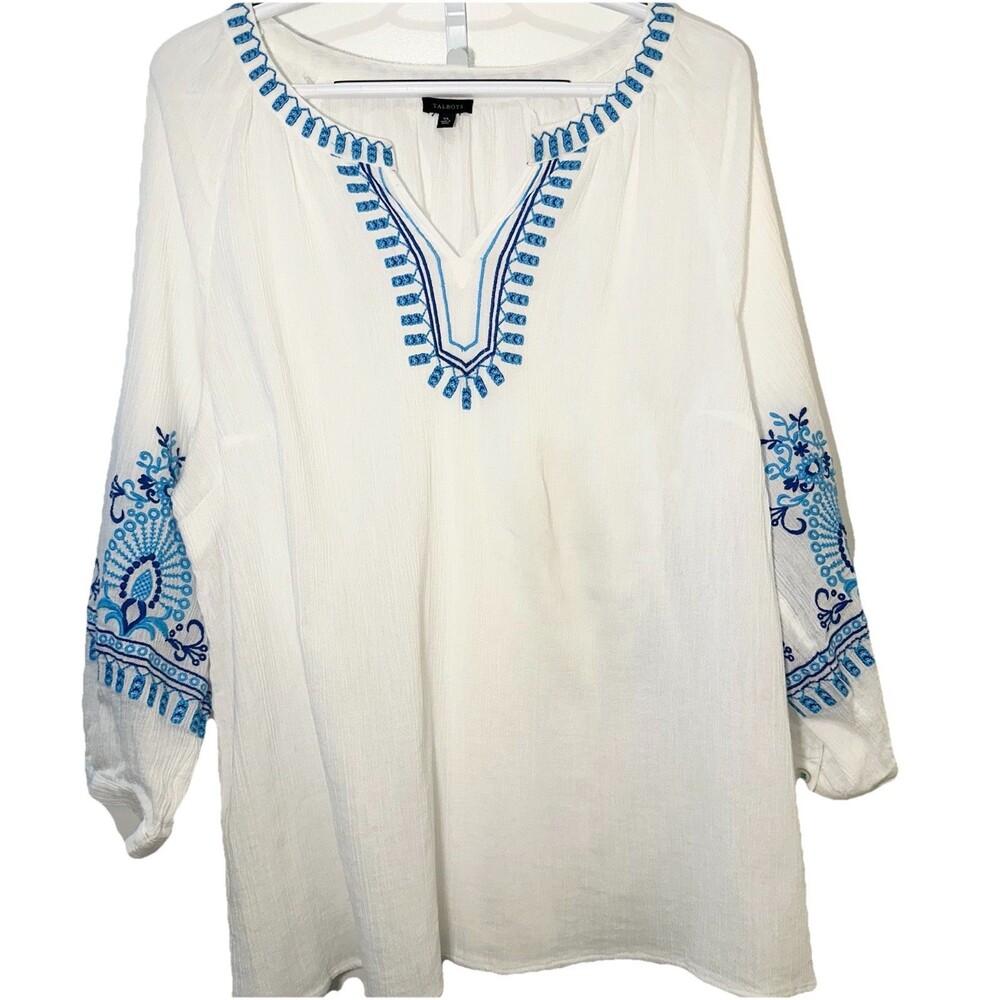 Talbots XL White Blue Embroidered Cotton Tunic Boho Peasant Top